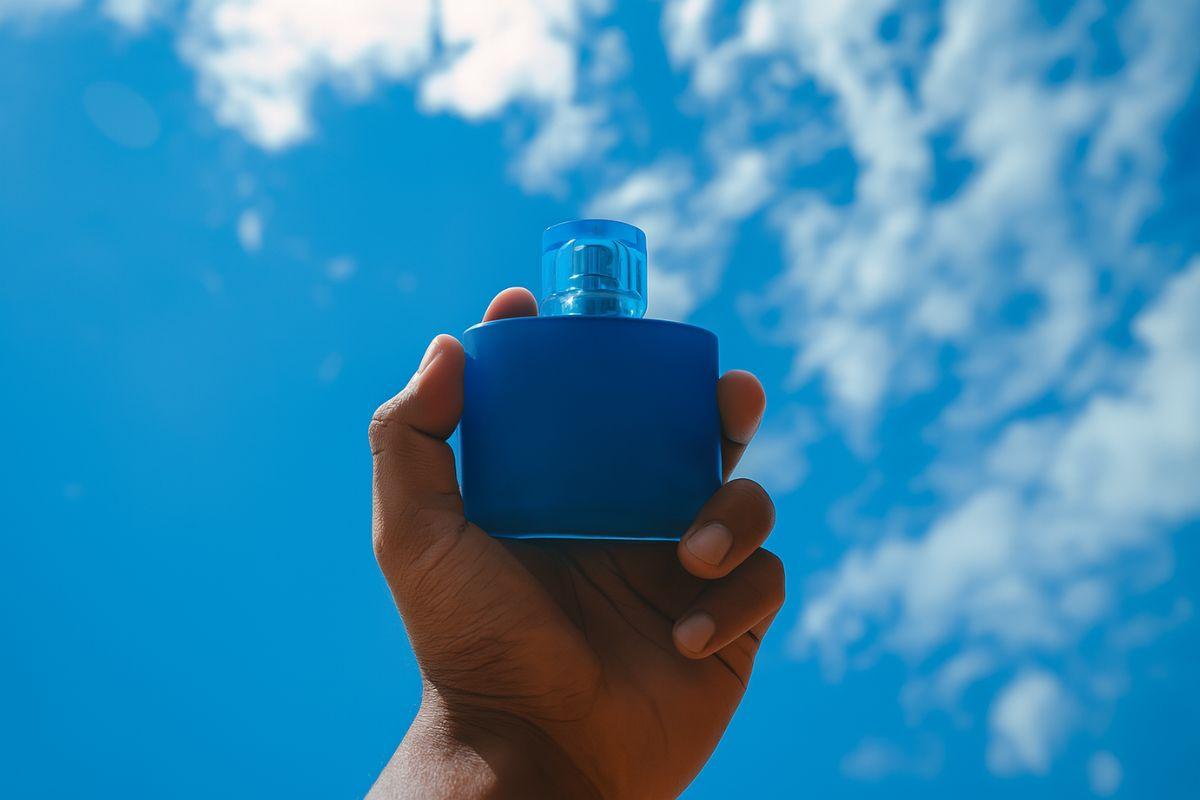 Tangan memegang botol parfum warna biru