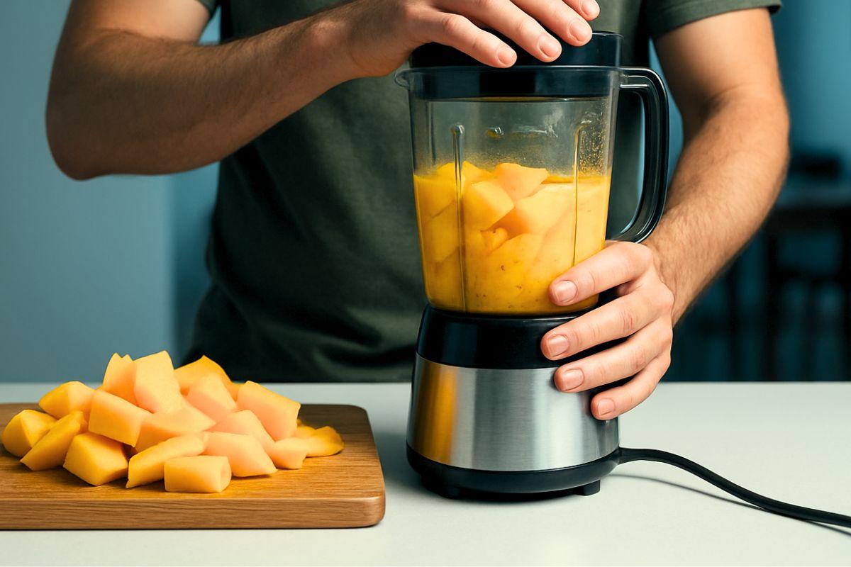Pria menghaluskan buah mangga menggunakan blender